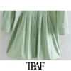 TRAF femmes Chic mode plissé ajusté Mini chemise robe Vintage à manches longues bouton-up femmes robes Vestidos Mujer 210415
