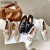 SUOJIALUN Donne di Marca di Modo Punta Quadrata Appartamenti di Scarpe Fibbia In Metallo Slip On Mocassini Scarpe Casual Tacco Piatto 2021 Primavera Mocassino Mu C0330