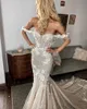 قبالة الكتف الرباط حورية البحر فساتين الزفاف appliqued المحكمة تريان عارية الذراعين تول أثواب الزفاف vestidos دي novia