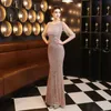 Elegant Maxi Klänning Guld Sequin Aftonklänning Kvinnor Formell Långärmad Pärlor Party Gowns