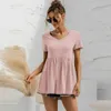 女性のカジュアルな色の色のフリルホワイトティーシャツの女性半袖VネックAラインプルオーバートップ210526のための夏のルーズTシャツ