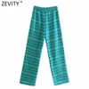 Zevity Kobiety Vintage Geometryczne Print Casual Proste Spodnie Kobiet Chic Elastyczny Talia Lace Up Kieszenie Letnie Długie Spodnie P1125 210603