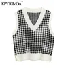 KpyTomoa Kobiety Moda Houndstooth Luźna Kamizelka Dziana Sweter V Neck Bez Rękawów Side Vents Samica Waistcoat Chic Topy 211008