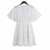 Vrouwen zomer casual elegante mini jurk za korte mouw holle v-hals vrouwelijke witte partij straat voering jurken vestidos 210513