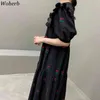 Black Print Dress for Women Ruffles Peter Pan Collar High Waist Vestidos Mujer Loose Puff Sleeve Vintage Maxi Dresses 210519