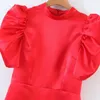 Vintage Kadın Kırmızı Puf Kol Saten Elbise Bahar Zarif Bayanlar Parti Mini Elbiseler Kadın Chic Noel 210515