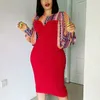 Kadın Bodycon Elbiseler Patchwork Baskılı Fener Kollu Zarif Ofis Bayanlar İş Kıyafetleri Bahar Moda Afrika Kadın 210416