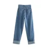 Nuevos pantalones vaqueros de cintura alta Denim Mujer Jeans Casual Azul suelto Damas rectas Pantalones de pierna ancha Botones Mamá Jeans 210414
