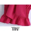TRAF Women Fashion Smocked Elastic Hem With Ruffled Blouses Vintage Bow Tie Collar Sleeveless Female Shirts Chic Tops 210415