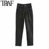 TRAF femmes Chic mode taille haute jambe droite jean pantalon Vintage boutons mouche poches femme cheville pantalon Mujer 210415