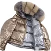 Damen-Daunenparkas, großer Pelzkragen, Wintermantel, doppelseitig, Splitter-Gloden-Jacke, Entenkapuze, locker, wasserdicht, rosa, warm, Puffer Guin2