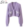 H.SA Mulheres Moda Sweater e Sequined Bow Curto Roxo Cardigans Manga Longa V Pescoço Coração Cardigan 210417