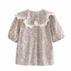 Élégant Floral imprimé rétro été femmes chemise décontracté dentelle bouffée mince femme Blouse col claudine doux hauts 210521