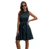 Summer Dress Women Sleeveless Casual Solid Slim Ladies Backless Sashes O-neck A-Line Women Midi Dress Female Sundress Vestidos 210416