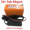 GTK Brand 24v 5ah lifepo4 rechargeable battery pack with BMS for 24v e bike solar energy storage Moped power + 29.2V 2A Charger