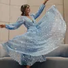 sexy v neck sequined tulle dress women long sleeve sheer glitter blue maxi long dress autumn winter party dress vestidos 210415