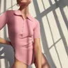 Kobiety Knit Bodysuit Polo Collar Button Solid Pink Girls One-Body Body Z Krótkim Rękawem Slim Summer Casual Fashion Sexy 210518