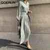 Qoerlin elegant vår satin puff hylsa aline klänning kvinnor vneck hög midje knapp klänning fast vintage veckad lång klänning chic 210412