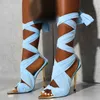 2021 Dames Zomer Super Hoge Dunne Hakken Sexy Sandalen Vrouwelijke Mode Party Lace-Up Pumps Dames Puntschoen Schoenen Plus Size 43 Y0721