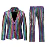 Mens Shiny Sequins Suit Jacket Blazer Single Breasted 2 Pieces Suits (Blazer+Pants) Party Stage Wedding Banquet Tuxedo Suit Men X0909