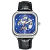 Square creative fashion new automatic hollow watch men's genuine waterproof mechanical watch men (Blue Belt 304L)