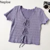 Neploe Cropped Gestrickte Frauen Shirts Sommer V-ausschnitt Kurzarm T-shirts Strickjacke Koreanische Spitze-up Rüschen T-shirt Tops Weibliche 210422