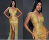 Aftonklänning Kvinnor Tyg V-Neck Off Shoulder Gold Lace Lång Klänning Kim Kardashian Kylie Jenner Yousef Aljasmi Cannes Film Festival