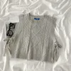 Ezgaga Dames Trui Vest Herfst Korean Argyle Bandage Pullover Mouwloze Solid Losse Knit Vesten Korte Streetwear 210817