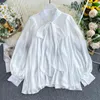 Women's Shirt Sprin Autumn Satin Bow Collar Puff Sleeve Loose Office Lady Top Women Blouse Plus Size Tops ML671 210506