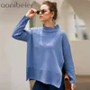 Aonobeier Side Slit Knitted Sweater Autumn Winter O Neck Long Sleeve Casual Loose Ladies Pullovers Christmas Jumper 210604