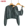 Tangada Autumn Women Green Knitted Cardigan Jumper and Camis Vintage Long Sleeve Female Outerwear BC60 210609