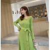 Women Knitted Slim Dress Long Sleeve V-neck Buttons Lace-up Korean Fashion Dresses Spring Autumn Casual Vestidos Mujer 210513