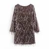 ZA FRANTED SEQUIN MINI JURK Dames O Neck Lange Mouw Elegante Party Jurken Vrouw Mode Back Hals Vintage Vestidos 210602