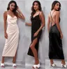 Silk dresses party evening dress Formal Sexy Skinny Womens long dress Split Sashes Slim Outfits Casual Fashion Women Bodycon Skirt Brief thin straps summer v neck