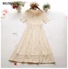 Mori Girl Summer Women Słodkie sukienki Peter Pan Collar White morel Hollow Out Bow Sundress Elegancka Koronkowa Party Midi Dress 210520