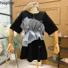 Neploe Women Clothing Gauze Patchwork Short-sleeve T-shirt Female Korean Sweet Slim Waist Thin Tees O Neck Loose Wild Basic Tops 210422