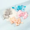 Três camada cor sólida bowknot bebê faixa elástica brilhante grânulos chiffon flores toddler hairband bebês headwear foto adereços