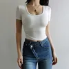 Women Scoop Neck Slim Fit Ribbed T-shirt Short Sleeves Crop Top 210722