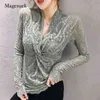 Tight Hollow Lace Shirts Spring and Autumn Long Sleeve Top Female Vintage Sexy Cross V-neck Bottoming Shirt 10634 210518