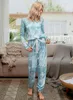 Laço impresso tintura pijama jumpsuit mulheres outono inverno manga longa decolar calças moda, solto e confortável tripulação pescoço 210522