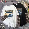 T-shirt a maniche lunghe moda coreano semplice grafica oversize grafica tees donne camicie per il tempo libero plaid patchwork t shirt bianco nero top y0508