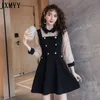 Vår- och sommarklänning Korean Lapel French Retro Hepburn Little Black Dress Mesh Stitching Slim Slimning Dress Ins 210412