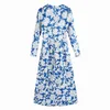 Vintage Frauen Blau Quadrat Kragen Kleid Mode Damen Floral Print Lange Streetwear Weibliche Chic Seite Schlitz Blusen 210427