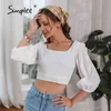 Sexy white lace-up cotton women blouse Spring square collar short crop tops Casual retro puff sleeve backless shirts 210414