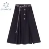 Mid-Length Kjol Kvinnor Höst Mode Elegant Kausal Streetwear Goth High Waist A-Line Black Vintage Harajuku Gothic Skirt 210417