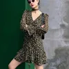 Spring Autumn Vintage Bandage Floral Mermaid Short Dress Long Sleeve Mini Ruffle Jurken Korean Boho Women Vestidos 210514