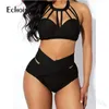 Echoine Kobiet Solidne Seksowne Bikini Zestaw Koronki Up Halter Crop Topy High Waist Majtki Pasujące Dwuczęściowe Stroje Plaża Swimsuit X0522