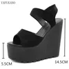 15 Cm Super High Heels Platform Women Sandals Fashion Black White Thick Bottom Wedges Female Sandals Sexy Peep Toe Rome Shoes Y0608
