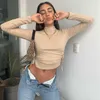 LVINMW Sexy Mock Neck Langarm Lace Up Plissee Crop Top Solide Täglichen Einfache Grund Mode Frau thsirts Herbst T hemd Straße Y0629