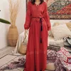 Red Bohemian Embroidery V Neck Long Sleeve Maxi Holiday Dress Loose Lace Up Tassel D1570 210514